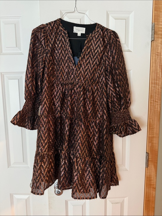Pomander Place Dresses & Skirts - Pomander Place Copper & Black Chevron Tiered Long Sleeve Dress